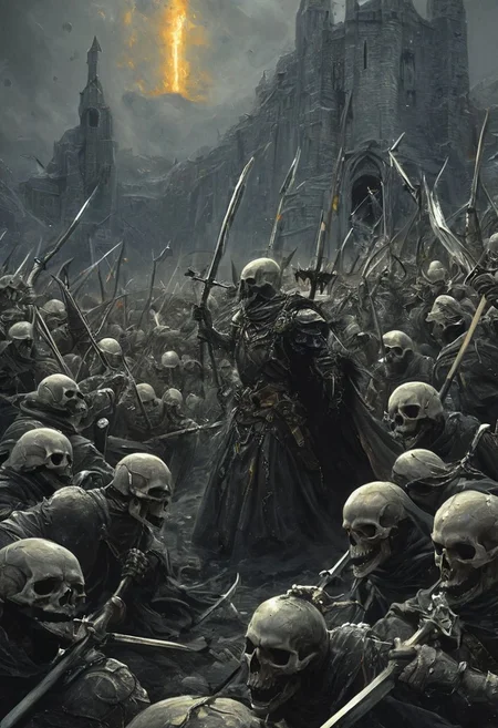 Completely Helm's fall absolutely nothing, pure black, detailed, but the Lord of the Rings of life are rising, FastNegativeV2,(Gandalf in white in the middle of the battlefield) ral-dissolve,(James Ensor,Unica Zurn,Zdzislaw Beksinki:1.25), Skeletons,Weeping statues, Paranormal,Apparition, (Metallics:1.1), (Shape:1.1), (Monotyping:1.1), (Strobe light:1.2), Stone, Rhombus, ultra detailed, intricate, oil on canvas, dry brush, (surrealism:1.1), (disturbing:1.1) <lora:khorne:0.7> <lora:methurlant:0.5>
The king's guards fell like wheat before the scythe, their cries of alarm silenced by the swift and merciless blades of the assassin knights. In the heart of the fortress, they confronted the tyrant king himself, a figure wreathed in shadows and crowned with a crown of thorns.
(A fierce battle ensued, the clash of steel and the crackle of dark magic filling the air with a palpable sense of impending doom). Sirah's daggers danced like silver serpents, finding their mark with unerring accuracy,
