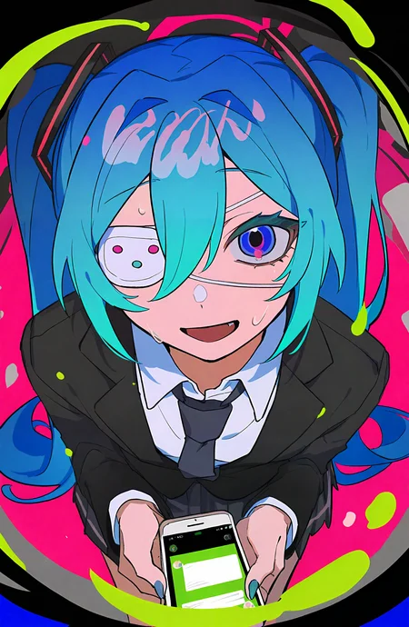 hatsune_miku, 1girl, solo, long_hair, looking_at_viewer, smile, open_mouth, blue_eyes, shirt, skirt, holding, hair_between_eyes, twintails, blue_hair, jacket, white_shirt, pleated_skirt, necktie, collared_shirt, black_jacket, from_above, phone, eyepatch, cellphone, black_necktie, medical_eyepatch, glitch