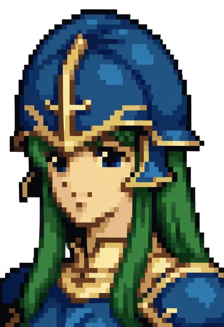 score_9, score_8_up, score_7_up, source_anime, 1girl, solo, smile,
<lora:zs_FE4PortraitsXL:1> fe4portraits, portrait, pixel art, white background
,NepheneeFEXL, blue eyes, green hair, long hair, sidelocks, medium breasts, blue armor, blue helmet, shoulder armor, breastplate,  <lora:NepheneeFEXL:0.8>