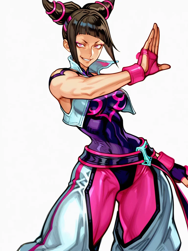 NishimuraXL,, simple background, (sketch:1.1), narrow waist, wide hips, thick thighs,
1girl, very cute face, han juri, evil smile, fighting stance, 
white background, looking at viewer, dynamic pose, cowboy shot, hair ornament,
<lora:AKinuNishimura_Style-12:1>