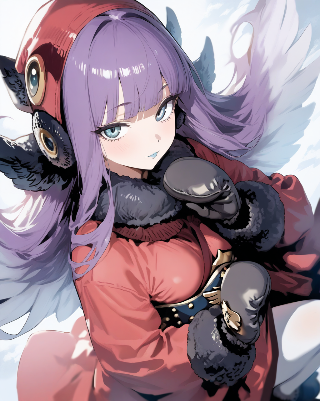 1girl,
MuuShuwuuShinMegamiTensei,
sensitive, solo, dutch angle, upper body,
long hair, hair wings, purple hair, multicolored hair, white hair,
hat, fur trim,
earmuffs,
blunt bangs, blue lips,
looking at viewer,
long sleeves,
mittens,
black gloves,
coat,
white pantyhose,
black footwear,
depth of field,
<lora:kp_MuuShuwuuShinMegamiTenseiAnimagineXL_v1_0:1.0>
masterpiece, high score, great score, absurdres