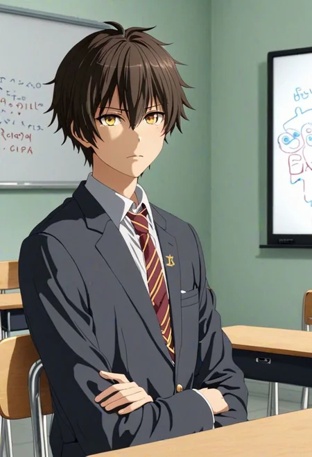 Highres, Masterpiece, High Quality, 4K, 8K, solo, 1Boy, Seiya Kanie, short dark brown hair, golden eyes, classroom, desk chairs, whiteboard, screen, sitting, school, school uniform, easynegative, detailed_eye_model