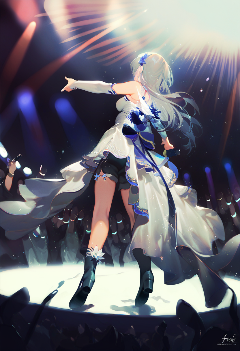 score_9, score_8_up, score_7_up, score_6_up <lora:reiXL_AutC_lokr_V43P1:0.95>  1girl, long hair, microphone, holding microphone, audience, hair ornament, holding, virtual youtuber, concert, shorts, detached sleeves, black footwear, ass, stage, glowstick, dress, solo, high heels, black shorts, flower, full body, boots, multicolored hair, bare shoulders, grey hair, stage lights, solo focus, from behind, idol, hair flower, breasts, blue flower, music, long sleeves, white dress, blue hair, crowd, white hair