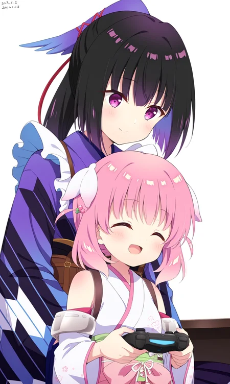 masterpiece, best quality, zzhaizakura, zzKarasuba, 2girls, multiple girls, solos, riding, pink hair, ^ ^, open mouth, controller, siblings, closed eyes, dated, hair ornament, black hair, wa maid, sitting, purple eyes, multcolored hair, bow, bare shoulders, detached sleeves, japanese clothes, purple hair, simple background, game controller, short hair, white background, bangs, closed mouth, long sleeves, apron, kimono, wide sleeves, kimono, sash, obi, floral print, pink bow, white kimono, sleeveless kimono, upper body, maid, maid apron, wide sleeves, frills, corset, ribbon, white apron, sitting, short hair, long hair, height difference frilled apron, skirt, age difference, long sleeves, purple kimono, blush,