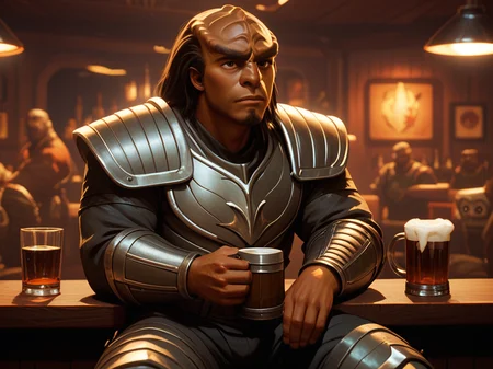 sitting at a bar drinking ale from a large mug <lora:Klingon_v2_pony:1> score_9,score_8_up,score_7_up,score_6_up,score_5_up,score_4_up , 1man, kling0n alien, large forehead ridges, brown skin, large eyebrows, wearing warrior armor,