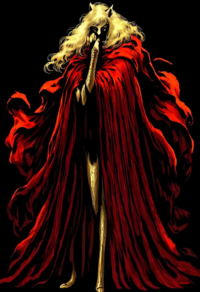 wizardry, illustration, beautiful Female Dryard, long golden hair, silver kneeguards, magic boots, long ears, slender long legs, black background, mysterious, mythical, red robe yellow cloth, cape, creature, werepanther, golden fur,