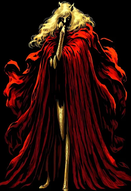 wizardry, illustration, beautiful Female Dryard, long golden hair, silver kneeguards, magic boots, long ears, slender long legs, black background, mysterious, mythical, red robe yellow cloth, cape, creature, werepanther, golden fur,