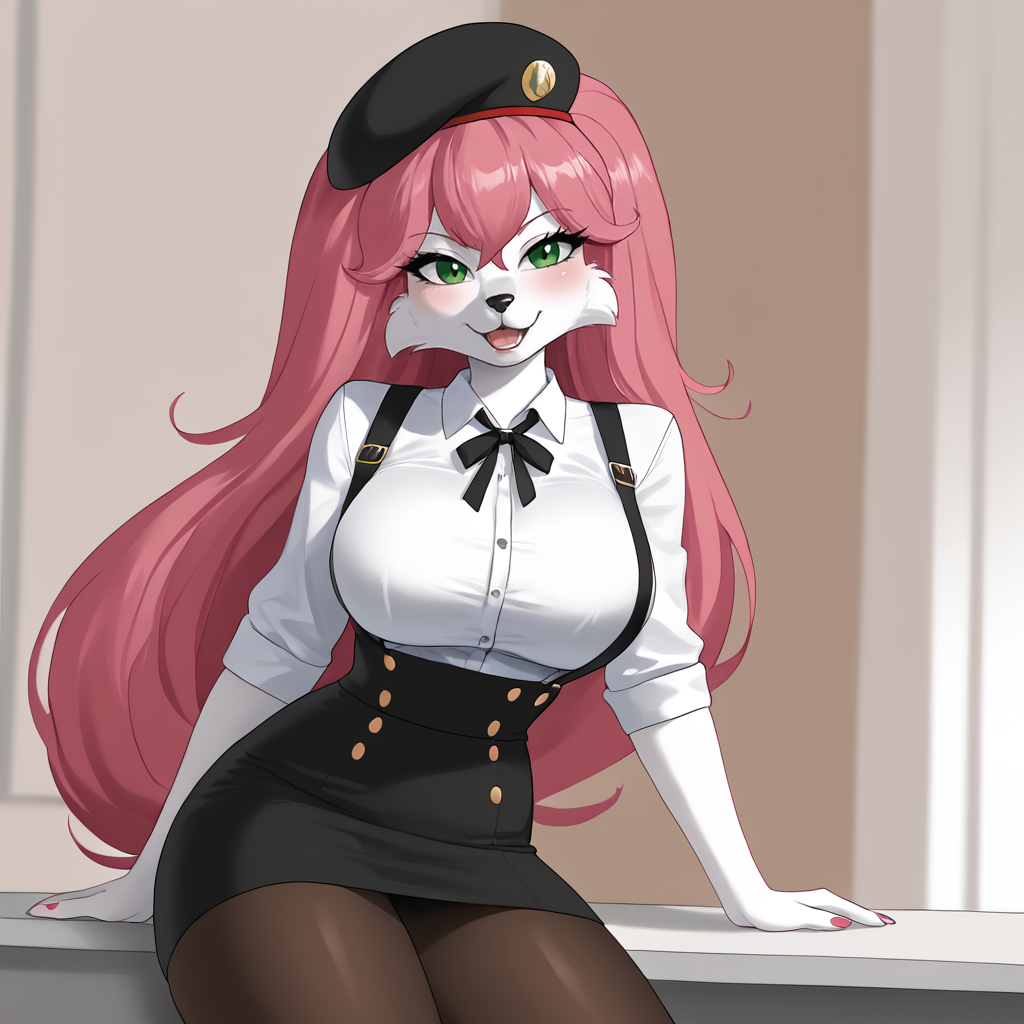 <lora:jennybuckyohare_pony_v1:.8> JennyBuckyOHare, 1girl, solo, large breasts, furry female, green eyes, big hair, pink hair, body fur,  white skin, white fur, snout, <lora:0902 Home wear 5_v1_pony:1> ruanyi0902,beret,black ribbon,collared shirt,black pantyhose,high-waist skirt,white shirt,suspenders
