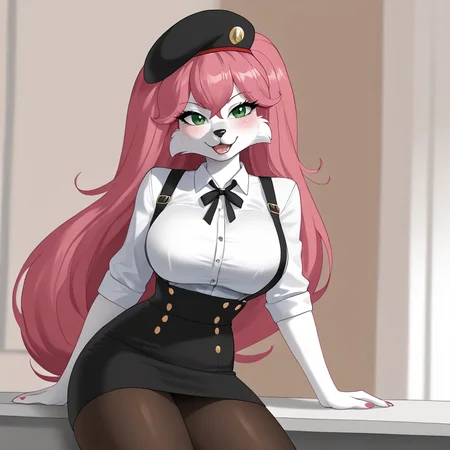 <lora:jennybuckyohare_pony_v1:.8> JennyBuckyOHare, 1girl, solo, large breasts, furry female, green eyes, big hair, pink hair, body fur,  white skin, white fur, snout, <lora:0902 Home wear 5_v1_pony:1> ruanyi0902,beret,black ribbon,collared shirt,black pantyhose,high-waist skirt,white shirt,suspenders