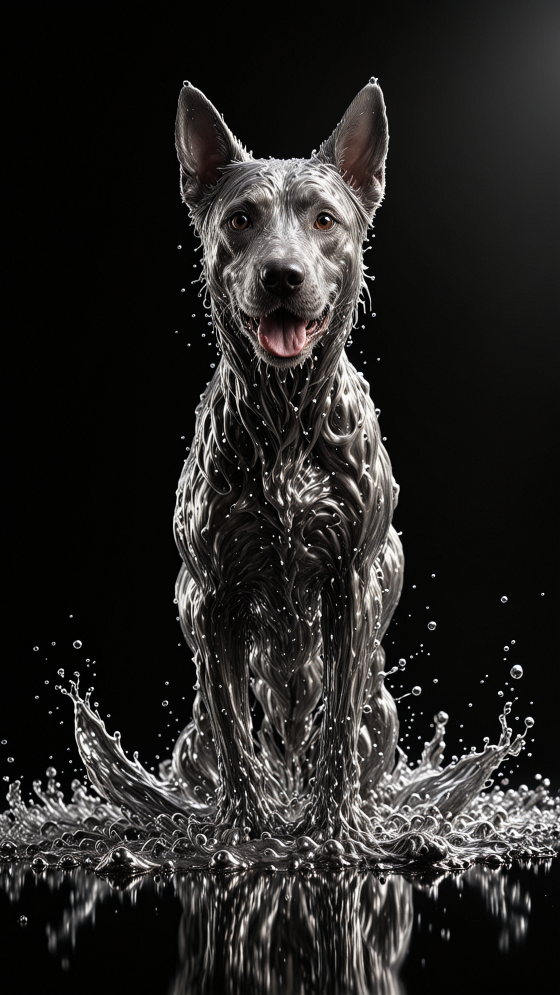 SILVER LIQUID METAL Dog Running through SILVER LIQUID METAL, Liquid metal sprays up from the dogs paws, drifting in a black void, <lora:Liquid_Fluid_Metal_XL_-_By_DICE:0.7>, UHD