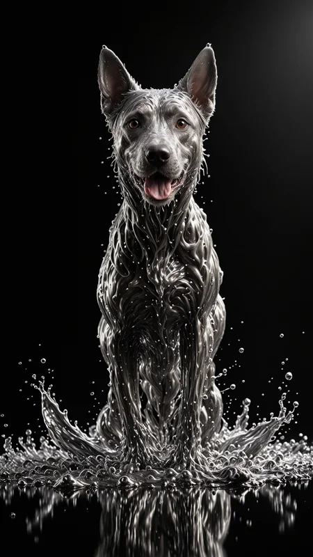 SILVER LIQUID METAL Dog Running through SILVER LIQUID METAL, Liquid metal sprays up from the dogs paws, drifting in a black void, <lora:Liquid_Fluid_Metal_XL_-_By_DICE:0.7>, UHD