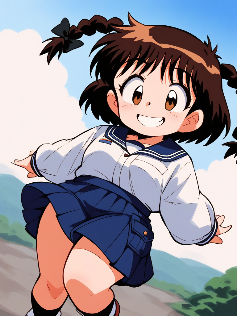 score_9, score_8_up, score_7_up, source_anime, rating_explicit, BREAK <lora:Shinba_Kurumi_XL:0.9>Shinba_Kurumi, brown hair, brown eyes, twin braids, hair bow, short hair, short stack, 
long sleeve, skirt, smile,
skyã