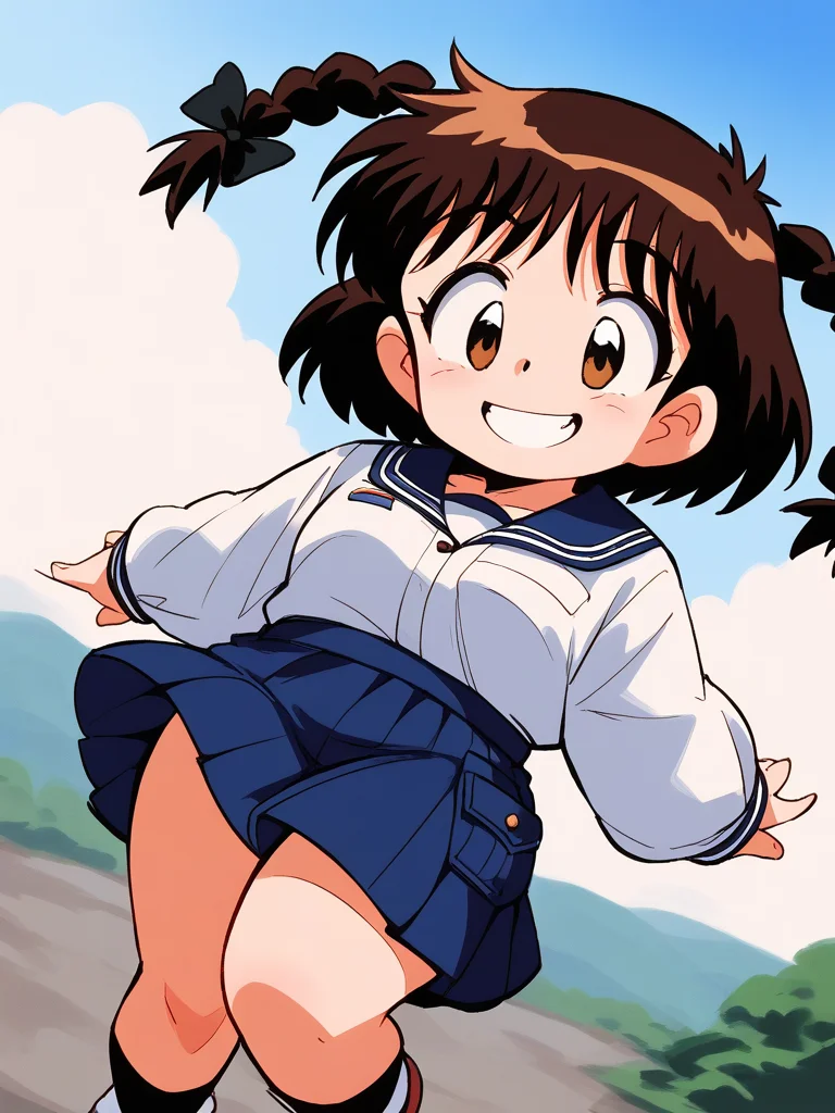 score_9, score_8_up, score_7_up, source_anime, rating_explicit, BREAK <lora:Shinba_Kurumi_XL:0.9>Shinba_Kurumi, brown hair, brown eyes, twin braids, hair bow, short hair, short stack,
long sleeve, skirt, smile,
skyã