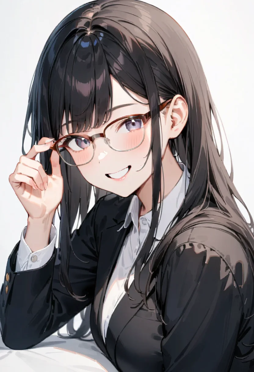 masterpiece, best quality, very aesthetic, absurdres,
1girl, solo, black hair, long hair,
sirmont16A, glasses,
collared shirt, happy, smile, looking at viewer, adjusting eyewear, white background, simple background,
<lora:glasses_sirmont2_SDXL_V1:1>