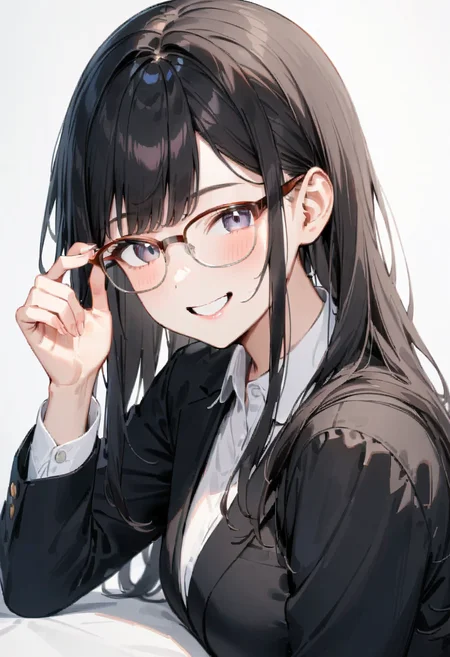 masterpiece, best quality, very aesthetic, absurdres,
1girl, solo, black hair, long hair,
sirmont16A, glasses, 
collared shirt, happy, smile, looking at viewer, adjusting eyewear, white background, simple background,
 <lora:glasses_sirmont2_SDXL_V1:1>