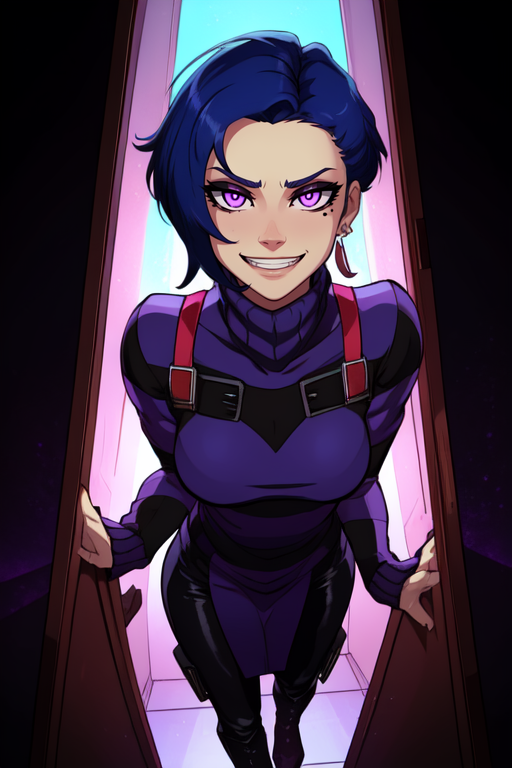 TakHuman,  short blue hair, mole under eye,  small earrings,  purple eyes,    standing,  cowboy shot,  evil grin, 
TakClothes,striped sweater, turtleneck, pelvic curtain,  strapped boots, 
dark lab, purple lighting, lab tech, 
(insanely detailed, beautiful detailed face, masterpiece, best quality)   <lora:TakHuman:0.7>