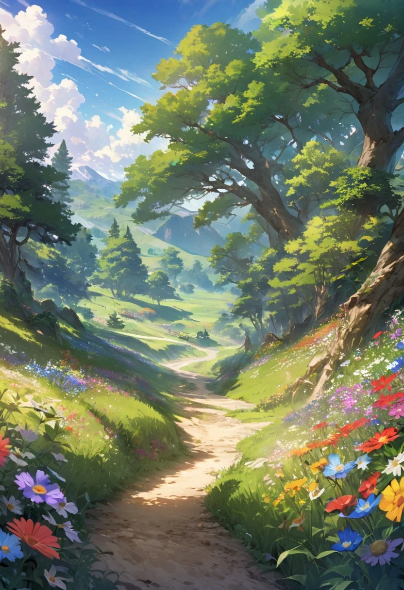 score_9, score_8, score_7
an enchanting summer landscape, a picturesque countryside, lush green meadows, colorful wildflowers, majestic trees, rich foliage, bright blue sky, fluffy white clouds, Rolling hills, depth to the landscape, winding dirt path, exploration, clusters of vibrant wildflowers, natural beauty, peaceful and warm atmosphere, perfect summer day, masterpiece
