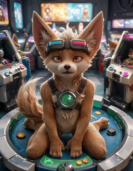 score_9, score_8_up, score_7_up, BREAK (anthro, furry:1.1), depth of field, cinematic lighting, masterpiece, detailed hands, detailed face, best quality, ultra realistic, 4k, 2k, film photography, RAW photo, photorealistic, analog style, subsurface scattering, photorealism, embedding:unaestheticXL_bp5, embedding:zPDXL,(best quality, high quality, 8K:1.5), <lora:add-detail-xl:2.5>, <lora:fix_hands.safetensors:2.0>, <lora:2.5DRealisticV2.safetensors:0.2>, <lora:sinfully_stylish_SDXL.safetensors:0.6>, <lora:AdvancedEnhancerXLv2.safetensors:1.0>, (hi res), ((masterpiece)), ((best quality)), illustration, <lora:Chip_the_Fox_Mobile_Legends.safetensors:0.7>, anthro, furry, chip the fox, fennec fox, 1boy, animal feet, sunglasses, blurry background, tan fur, smile, goggles, body fur, fox ears, tail, 3 toes, chest tuft, cheek tuft, eyewear on head, machine (from above, kneeling raising legs looking up, arcade, furrowed brow:1.25)