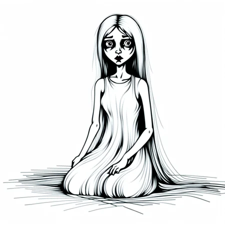 spot color, dress, traditional media, 1girl, monochrome, blood, greyscale