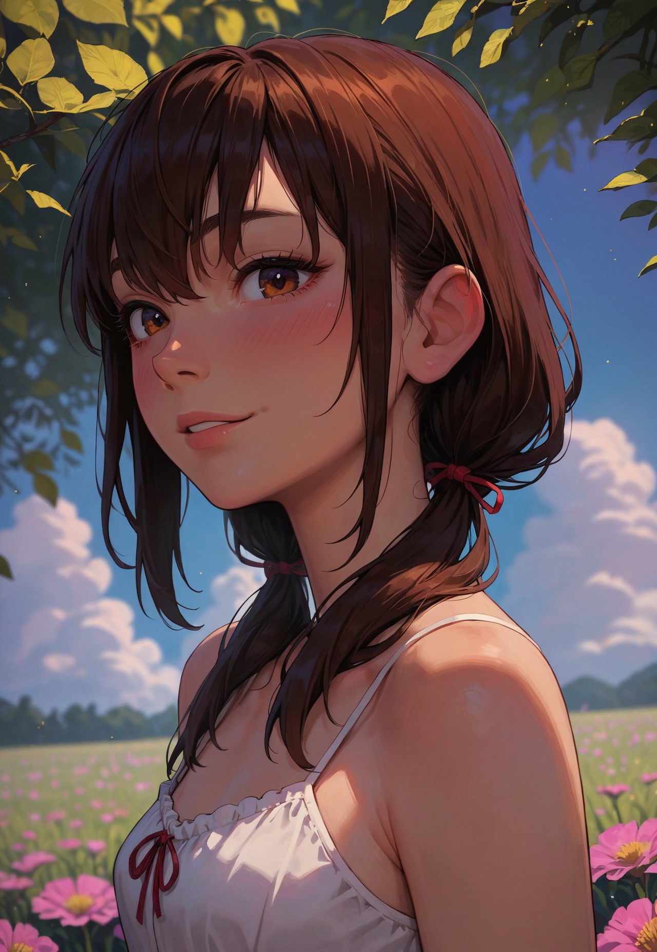score_9_up, score_8_up, score_7_up, score_6_up, 1girl, 25 years old, perfect face, cute, petite, 
(three quarter view), detailed face, portrait, face focus, depth of field, looking at viewer, blush, shy smile, close up,
brown eyes, 
long hair, twintails, low twintails, short twintails, brown hair, sidelocks, hair between eyes, hair ribbon, red ribbon, 
white camisole, frilled camisole, 
flower field, field, 