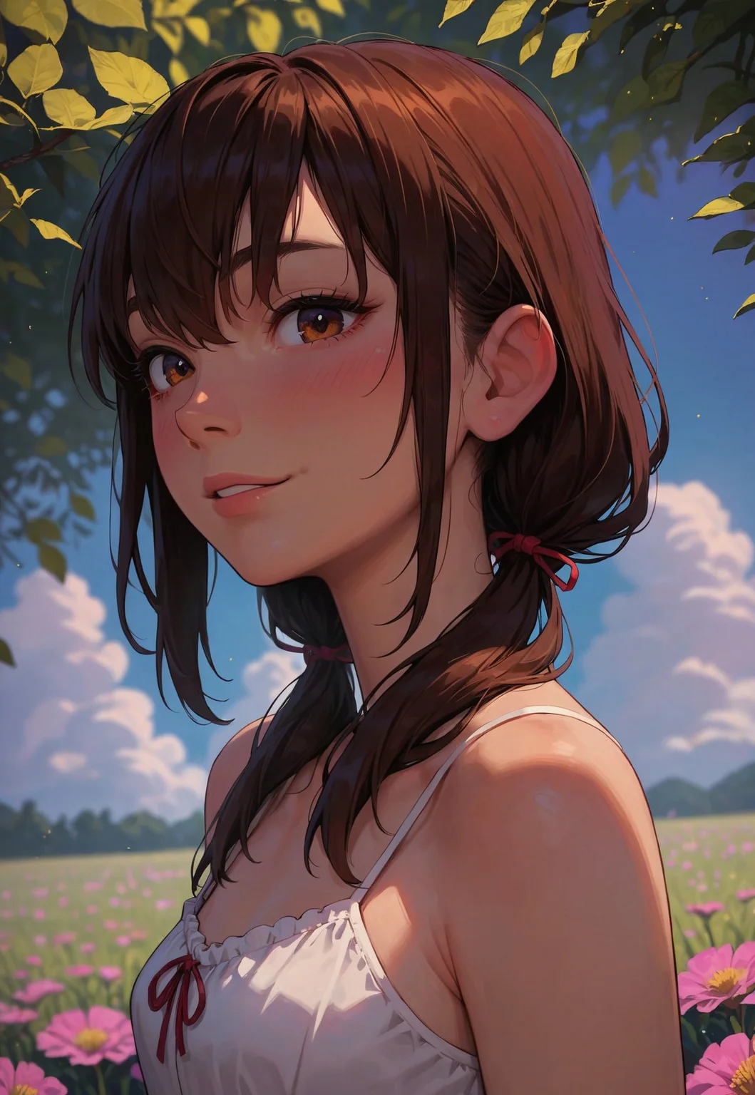 score_9_up, score_8_up, score_7_up, score_6_up, 1girl, 25 years old, perfect face, cute, petite,
(three quarter view), detailed face, portrait, face focus, depth of field, looking at viewer, blush, shy smile, close up,
brown eyes,
long hair, twintails, low twintails, short twintails, brown hair, sidelocks, hair between eyes, hair ribbon, red ribbon,
white camisole, frilled camisole,
flower field, field,