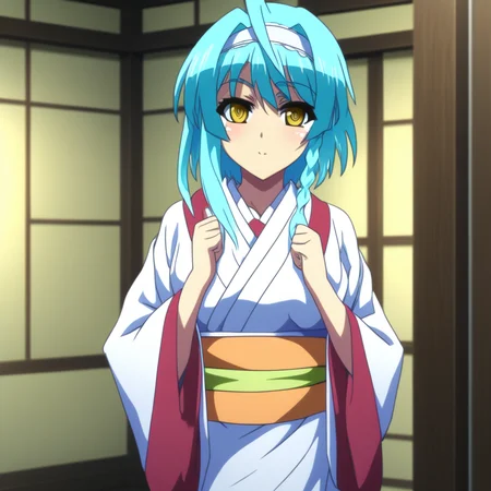 score_9, score_8_up, score_7_up, source_anime, NonakaYuki, 1girl, solo, closed mouth, light smile, blush, aqua hair, yellow eyes, side braid, YukiWedding, japanese clothes, (hood:1.2), white kimono, red sash, standing, looking at the viewer, indoors