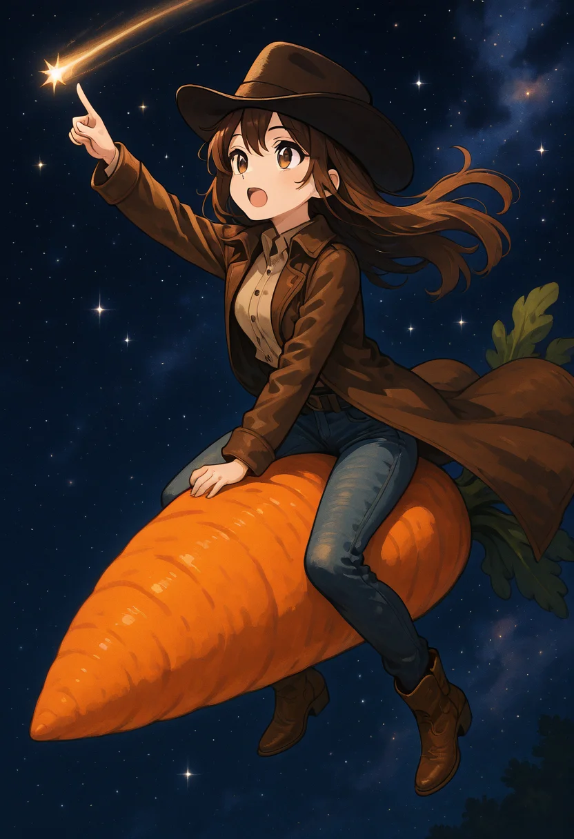 masterpiece, best quality, 1girl, solo, eyelashes, (beautiful eyes), C4rr0tR1d3r, reverseC4rr0t, 1girl, solo, long hair, open mouth, bangs, brown hair, shirt, long sleeves, hat, hair between eyes, brown eyes, jacket, full body, boots, open clothes, sky, collared shirt, pants, star (symbol), coat, black headwear, night, floating hair, brown footwear, denim, wing collar, outstretched arm, pointing, star (sky), night sky, starry sky, open coat, black coat, jeans, brown coat, shooting star, ,<lora:C4rr0tR1d3r_IXL_v1:1.0>,