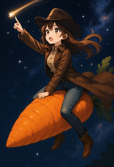 masterpiece, best quality, 1girl, solo, eyelashes, (beautiful eyes), C4rr0tR1d3r, reverseC4rr0t, 1girl, solo, long hair, open mouth, bangs, brown hair, shirt, long sleeves, hat, hair between eyes, brown eyes, jacket, full body, boots, open clothes, sky, collared shirt, pants, star (symbol), coat, black headwear, night, floating hair, brown footwear, denim, wing collar, outstretched arm, pointing, star (sky), night sky, starry sky, open coat, black coat, jeans, brown coat, shooting star, ,<lora:C4rr0tR1d3r_IXL_v1:1.0>,