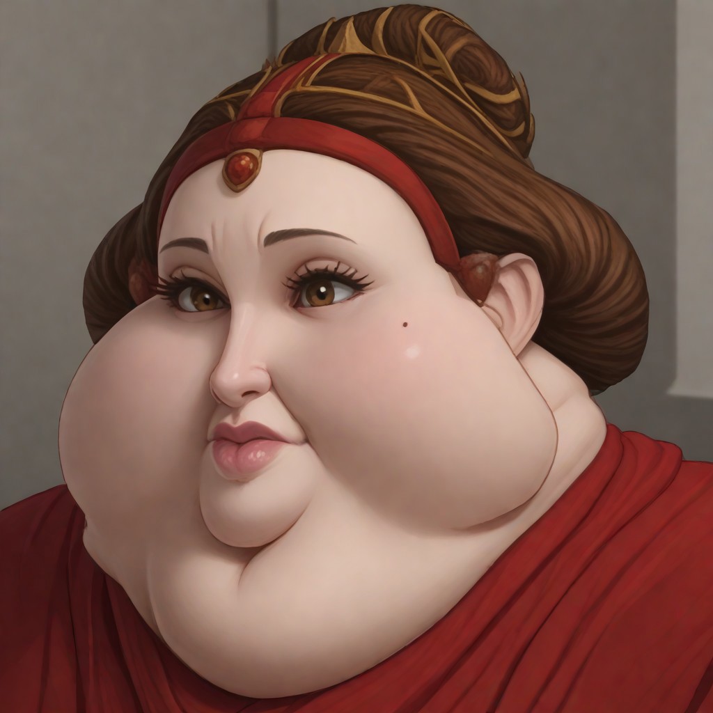 1girl,solo ,thick thighs,, Exquisite visuals, high-definition,masterpiece,best quality ,Beautiful Fingers,Beautiful long legs,Beautiful body,Beautiful Nose,Beautiful character design, perfect eyes, perfect face,expressive eyes, looking at viewer, official art,extremely detailed CG unity 8k wallpaper, dark lighting, Bright_Front_face_Lighting,shiny skin, (masterpiece:1.0),(best_quality:1.0), ultra high res,4K,ultra-detailed, photography, 8K, HDR, highres, absurdres:1.2, film grain, bokeh:1.2, lens flare, (vibrant_color:1.2), (beautiful_face:1.5), masterpiece, best quality, professional, solo, 4k, detailed,<lora:clonewars-padme-amidala-s3-ponyxl-lora-nochekaiser:1>, padme amidala, brown hair, brown eyes, realistic, mole, mole under eye, long hair, lips, 3d, Padmé Amidala,Crown , Single red dot on both cheeks, Lipstick, Red dress,sexy ,gorgeous face, beautiful eyes, happy, thick thighs, beautiful face, ((chubby)), milf, sweaty, hearts, closeup, seductive, wide hips, ((focus on face))), bangs, looking at viewer, bedroom bed,(((closeup))),obese,(chubby face), immobile,(chubby cheeks)