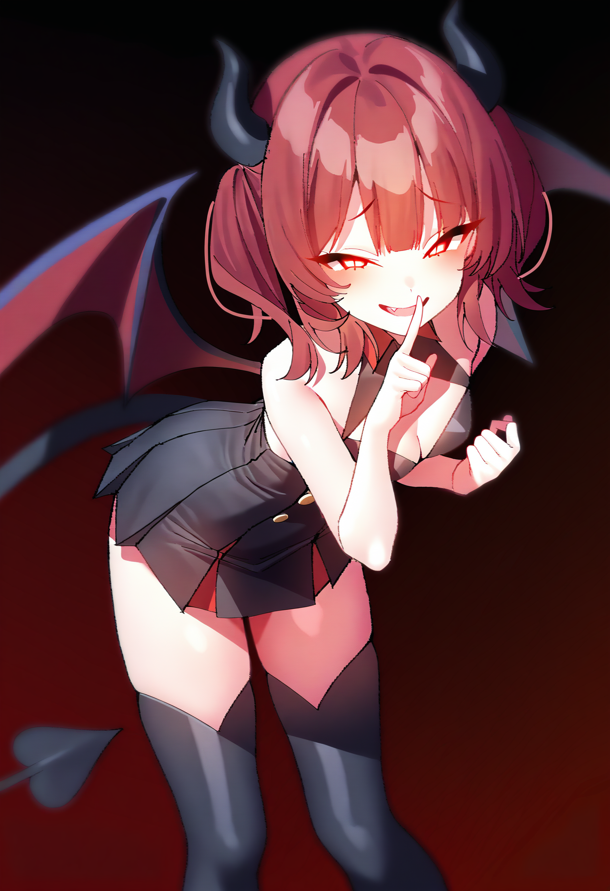 1girl,<lora:mx2j style locon:1>,mx2j style,demon girl,small breasts,cleavage,bare shoulders,black pleated dress,thigh boots,medium hair,red hair,bangs,red eyes,half-closed eyes,fang,evil smile,demon wings,demon horns,demon tail,standing,leaning forward,shushing,masterpiece,best quality,very aesthetic,highres,absurdres,
