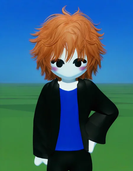 3d,solid circle eyes, black eyes, no mouth, blush, 1boy, solo, cowboy shot, looking at viewer, sky, day, black pants, orange hair, black eyes, colored skin, hand on hip, grass, black jacket, (blue shirt), messy hair, white skin, field