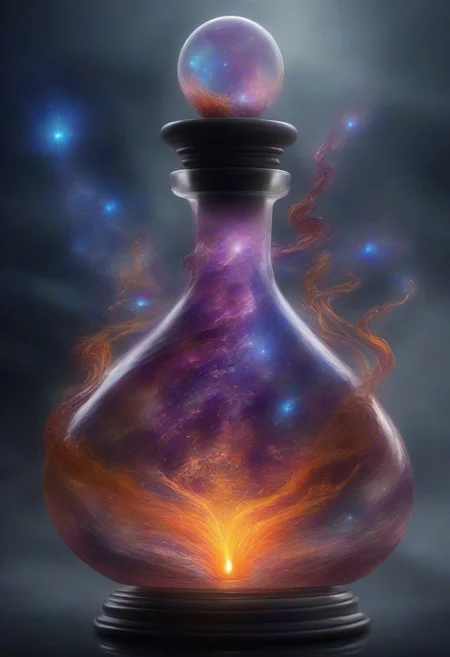 Score_9, Score_8, Photorealistic magic potion, intricate glass bottle, vibrant swirling colors, ethereal light, wax seal, cork, dynamic reflections, magical aura, highly detailed, fantasy essence, glowing particles, radiant aura