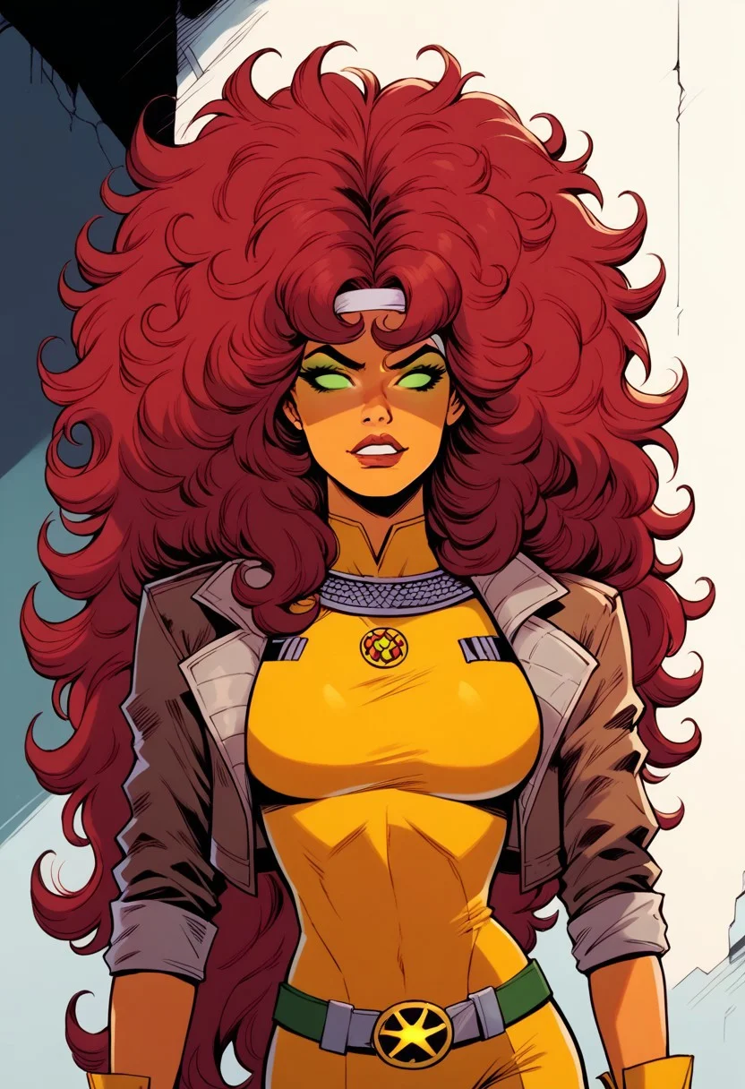 score_9, score_8_up, score_7_up, 1girl, solo, StarfireDG, DEFRogue, orange skin, green eyes, no pupils, lipstick, red hair, two-tone hair, long hair, white bangs, dyed bangs, messy hair, headband, big breasts, cropped jacket, brown jacket, yellow bodysuit, long bodysuit, yellow gloves, belt, yellow boots, full clothed, smug,