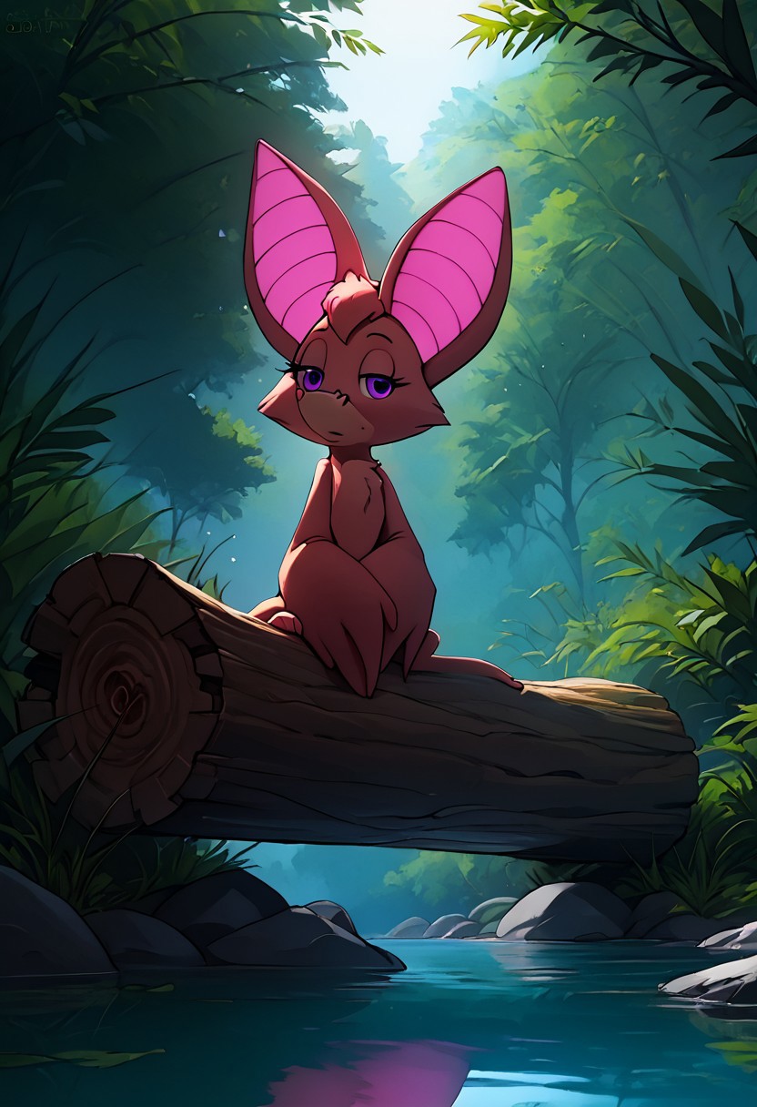 score_9, score_8_up, score_7_up, (best quality:1.1), ultra-detailed, great quality, high resolution, (((8k))), BREAK. 1girl, bat, bat girl, anthro, Foxglove bat, BREAK. 
view from below, epic view, BREAK. 
day time, summer, summer morning, dew drops, the lights of a sun, natural light, detailed sun rays, the glitter of dew drops, BREAK. 
forest, green grass, trees, a large old tree log, (green Forest), highly detailed background, (green Forest:1,4), BREAK. 
giant bat wings, wings much larger than body, detailed wings, BREAK.
detailed bat ears, fluffy fur, two fangs, detailed fangs, detailed big purple eyes, highly detailed face, (very detailed face:1.4) BREAK. 
seduction face, looking at viewer, half closed eyes, sexy pose, BREAK. 
sits on a rock near the pond