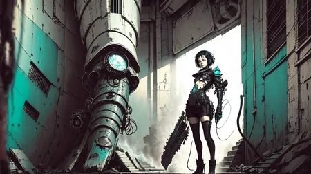 1girl,[Sophia Lillis face],21yo,photorealistic, (hyperrealistic:1.2), beautiful, masterpiece, best quality, extremely detailed face, perfect lighting,full body, armor, glowing, glowing eyes, intricate design, turquoise hair, medium shot,upper body, small breasts, steampunk background,vanishing point body, epic structure background,by Ben Templesmith, by Brian Oldham, by Simon Stalenhag, background by Geof Darrow,by Gigger
<lora:Blame!:0.95> blame!
<lora:epiNoiseoffset_v2:0.7> <lora:LAS:0.3>
<lora:perfectpantyhose:0.5>stockings, zettai ryouiki
<lora:Comic_Perspective:0.7> perspective