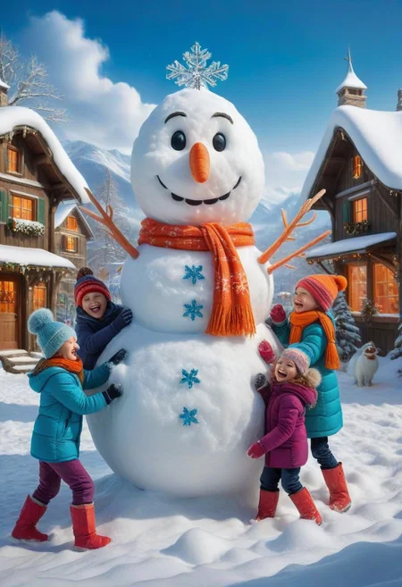A whimsical and enchanting scene capturing the beauty of intricately designed snowflakes, playfully interacting in a humorous winter setting. The snowflakes, each uniquely shaped and sparkling with crystalline details, are depicted as lively characters with expressive faces, engaged in a snowball fight amongst a backdrop of a cozy, snow-covered village. Surrounding elements include cheerful children bundled in colorful winter attire, building a snowman with a comically oversized carrot nose, while fluffy snow drifts softly blanket the ground. The sky is a soft pastel blue, filled with gentle, swirling snowflakes, creating a lighthearted and magical winter wonderland atmosphere.