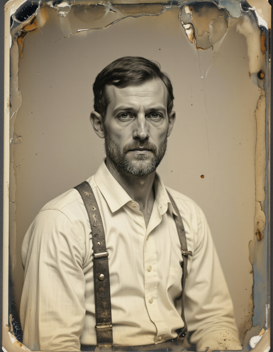 <lora:SuperModel-V8:1>, The  WB ambrotype old scratched and stained photo shows a Portrait of a young man wearing a sitz white striped shirt with suspenders, beard and light eyes