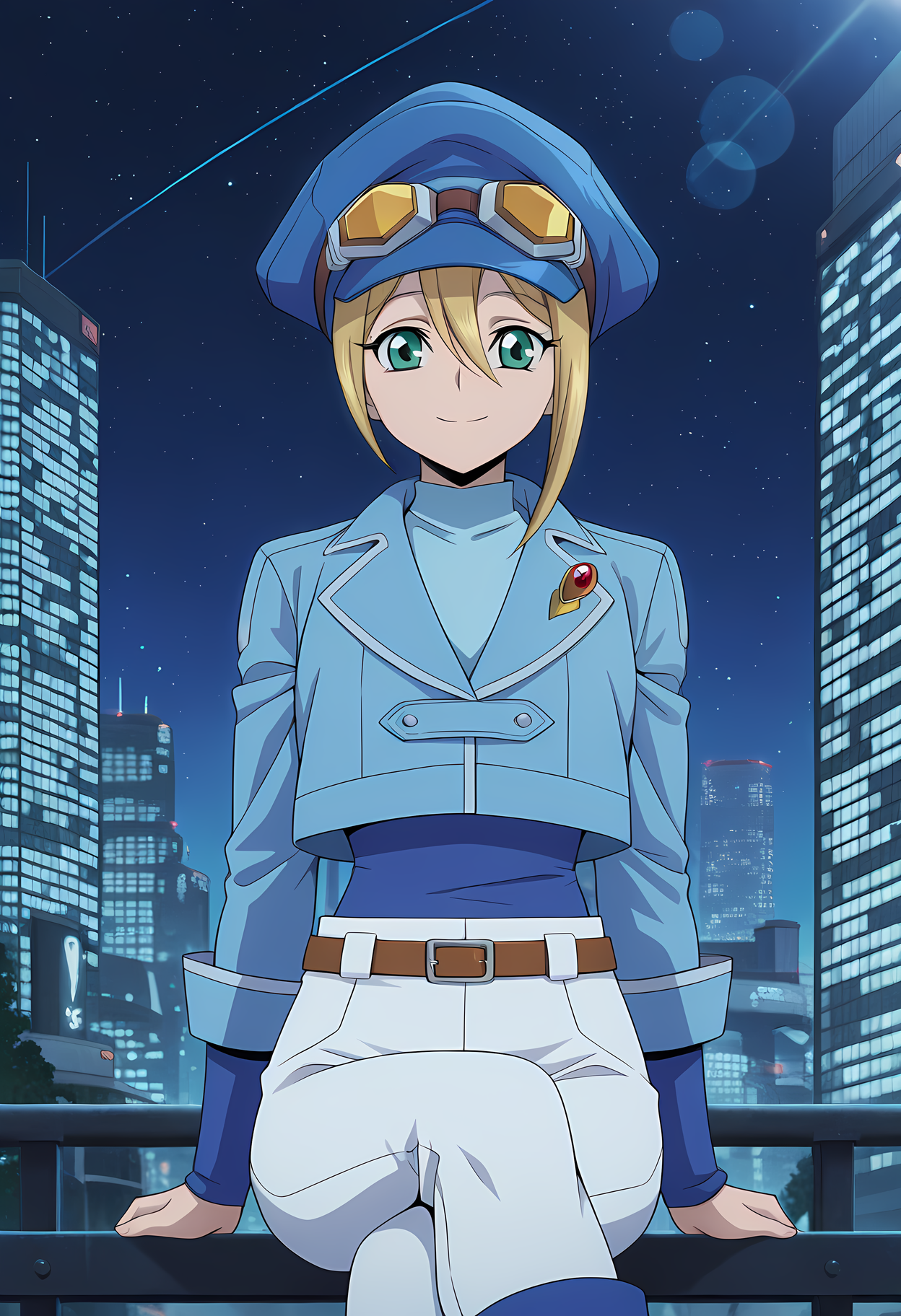 masterpiece,best quality,amazing quality,

1girl, solo,

Megumi Okura (Cardfight Vanguard), blonde hair, hair between eyes, green eyes,

short hair, hat, blue headwear, cabbie hat, goggles, uniform, cropped jacket, blue shirt, long sleeves, blue jacket, belt, white pants,

Smile, looking at viewer, 

cinematic, cross legs, crossing legs, 

Outdoors, On top skyscraper, sci-fi city, star (sky), 

Lens flare, bloom,

Official style, anime screencap, anime coloring,














