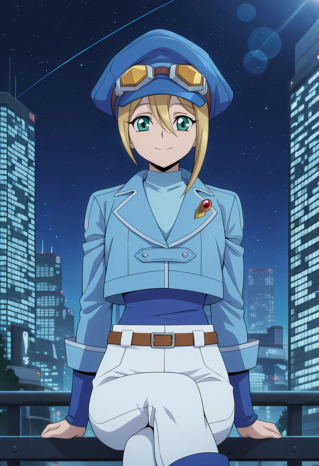 masterpiece,best quality,amazing quality,
1girl, solo,
Megumi Okura (Cardfight Vanguard), blonde hair, hair between eyes, green eyes,
short hair, hat, blue headwear, cabbie hat, goggles, uniform, cropped jacket, blue shirt, long sleeves, blue jacket, belt, white pants,
Smile, looking at viewer,
cinematic, cross legs, crossing legs,
Outdoors, On top skyscraper, sci-fi city, star (sky),
Lens flare, bloom,
Official style, anime screencap, anime coloring,