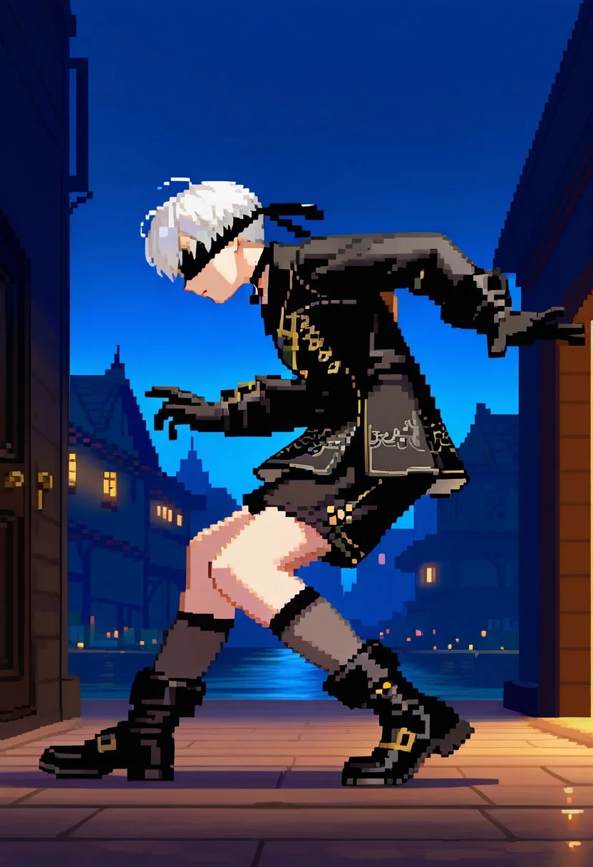 (score_9, score_8_up:1.1), score_7_up, (masterpiece:1.2), (best quality:1.3), amazing quality, very aesthetic, best aesthetic, high-res, perfect composition, intricate details, scenery, dim lighting, newest,1boy, white hair,9S, 9s (nier:automata), white hair, short hair, black blindfold, black choker, shorts, black gloves, kneehighs, long sleeves, black jacket, double-breasted, jacket, buttons, full body, (fighting stance:1.1), from side, looking away, outdoors, (night, town, door:1.1),, city, detailed background, dynamic pose, full body, portrait, dynamic pose, <lora:ASF3_style:1>, SF3XL,