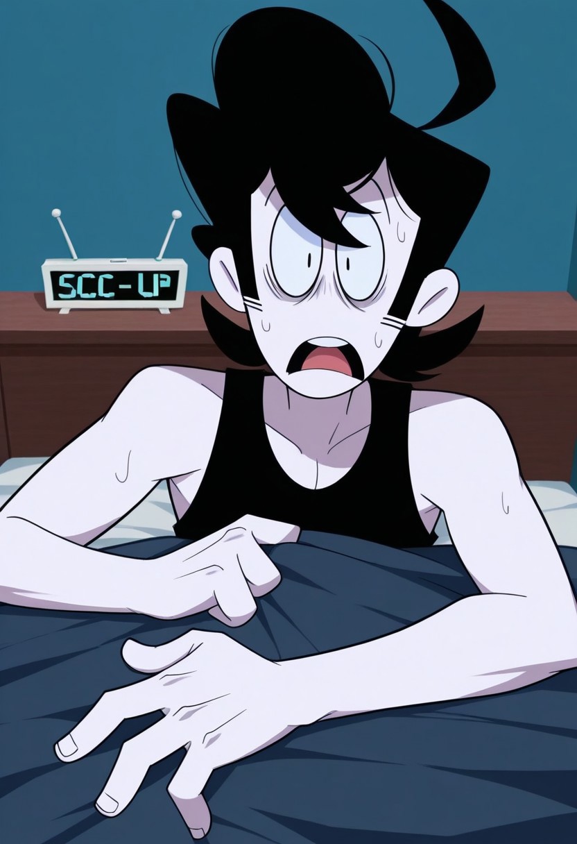 score_9, score_8_up, score_7_up, masterpiece, best quality, amazing quality, Kevin_(Spooky_Month), 1boy, solo, black hair, black eyes, pale white skin, 4 fingers, sideburns, black tank top, ahoge, male focus, tank top, clock, open mouth, parody, bed, digital clock, style parody, indoors, teeth, sweat, on bed, looking at viewer, sweating