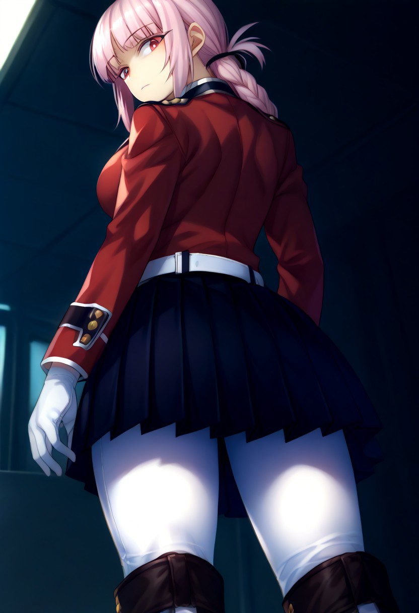 (zPDXL3), 
(zPDXLxxx), 
1girl, 
solo,
nightingale, red eyes, light pink hair, long hair, blunt bangs, braid, low hair ring, black ribbon, hair ribbon,
military uniform, red jacket, belt, white gloves, black skirt, pleated skirt, white pantyhose, white knee boots,
back,
looking back,
medium shot, 
from below, 
from behind,