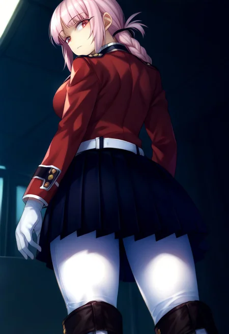 (zPDXL3),
(zPDXLxxx),
1girl,
solo,
nightingale, red eyes, light pink hair, long hair, blunt bangs, braid, low hair ring, black ribbon, hair ribbon,
military uniform, red jacket, belt, white gloves, black skirt, pleated skirt, white pantyhose, white knee boots,
back,
looking back,
medium shot,
from below,
from behind,