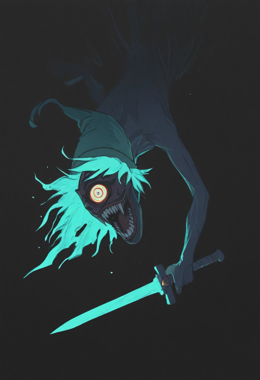 masterpiece, best quality, good quality, very awa, newest, highres, absurdres, solo, open mouth, simple background, White round eyes, majoras mask, Link from Zelda, Green pointed hat, Action Scene, swinging sss sword, sword slash,traditional media, sharp teeth, Red and black background, monster, one-eyed, turquoise burning Hair, horror \(theme\), limited palette, sketch, glowing, psychedelic, JeddtlIL
