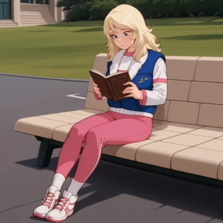 masterpiece, best quality, amazing quality, SarahDSil, human, female, blonde hair, blue eyes, white shirt, long sleeves, pink stripes, pink pants, white socks, white sneakers, pink trim, outside, at a park, sitting, reading book, solo, blue vest, white fur trim