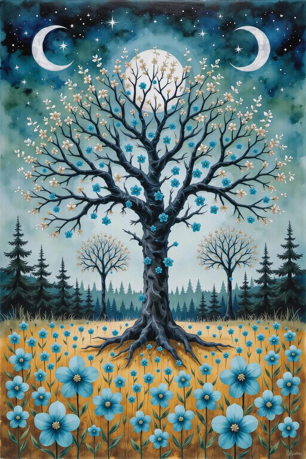 yawc1 watercolor.
Full shot of a vibrant painting.  A large central tree, rendered in deep black, is adorned with numerous small, teal-colored flowers, giving the impression of a blossoming canopy. The flowers are subtly detailed, appearing almost like tiny, decorative elements. The tree's branches spread out, forming a broad crown of flowers.  Surrounding the central tree are smaller, similarly designed trees of varying heights, all in shades of deep teal and black. These trees also sport clusters of small teal-colored flowers attached to their branches. The sky is a light teal, dotted with stars. Two crescent moons are visible, one on either side of the central, dominant full moon high up, which is silvery white.  A field of large, vibrant teal flowers covers the foreground and lower middle ground. The flowers are positioned closely together, creating a dense carpet of color. The ground is colored a pale mustard or golden yellow. Smaller, dark forest trees are visible at the far left and right foreground. The entire scene creates a feeling of a magical, floral woodland or enchanted forest under a night sky. The colors are bright and eye-catching, with a gentle overall palette.   <lora:yawcolor_nocap_d6a3:1.0> <lora:Flux-Sch-SingleBlocks-BF16:1.0><lora:799116427056537532:0>