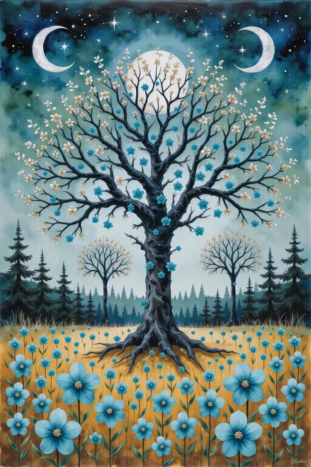 yawc1 watercolor.
Full shot of a vibrant painting. A large central tree, rendered in deep black, is adorned with numerous small, teal-colored flowers, giving the impression of a blossoming canopy. The flowers are subtly detailed, appearing almost like tiny, decorative elements. The tree's branches spread out, forming a broad crown of flowers. Surrounding the central tree are smaller, similarly designed trees of varying heights, all in shades of deep teal and black. These trees also sport clusters of small teal-colored flowers attached to their branches. The sky is a light teal, dotted with stars. Two crescent moons are visible, one on either side of the central, dominant full moon high up, which is silvery white. A field of large, vibrant teal flowers covers the foreground and lower middle ground. The flowers are positioned closely together, creating a dense carpet of color. The ground is colored a pale mustard or golden yellow. Smaller, dark forest trees are visible at the far left and right foreground. The entire scene creates a feeling of a magical, floral woodland or enchanted forest under a night sky. The colors are bright and eye-catching, with a gentle overall palette. <lora:yawcolor_nocap_d6a3:1.0> <lora:Flux-Sch-SingleBlocks-BF16:1.0><lora:799116427056537532:0>