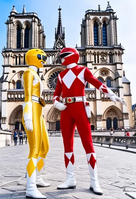 female yellow power ranger arm-in-arm with male red power ranger, morphed, helmet, uniform, white gloves belt, holstered weapon, in front of Notre-Dame in Paris, sunny summer day, hyperdetailed photography