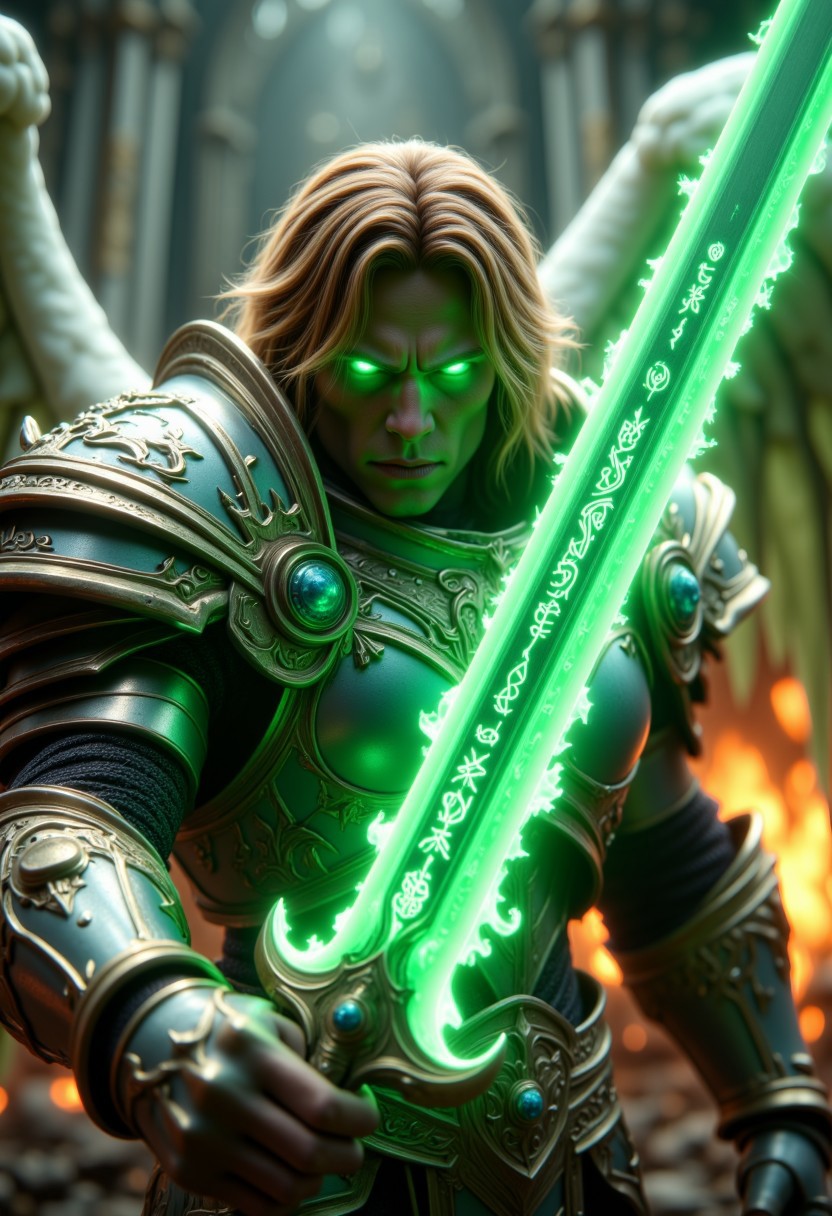 a cinematic photograph of an male angel warrior with blonde hair, super detaild and beautiful face and green glowing eyes wearing shiny armor wielding a green flaming sword in an attacking pose, white and green wings on back, photorealistic, photography lighting, extremely detailed, shot on Sony A7R V with Leica lens, fire background, hkstyle, R3alisticF