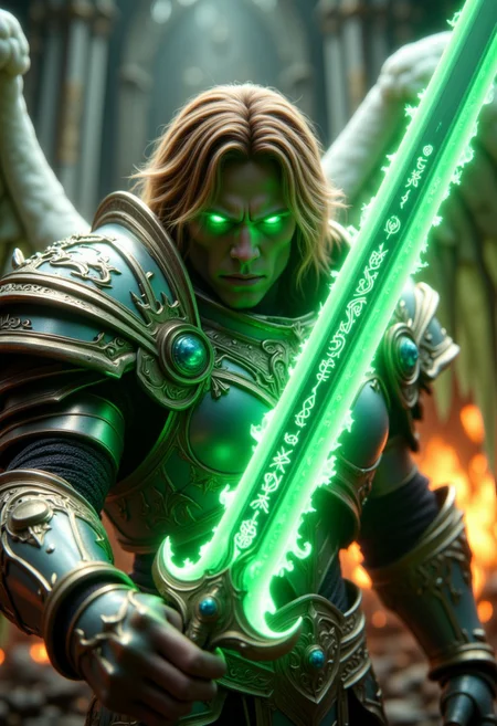 a cinematic photograph of an male angel warrior with blonde hair, super detaild and beautiful face and green glowing eyes wearing shiny armor wielding a green flaming sword in an attacking pose, white and green wings on back, photorealistic, photography lighting, extremely detailed, shot on Sony A7R V with Leica lens, fire background, hkstyle, R3alisticF